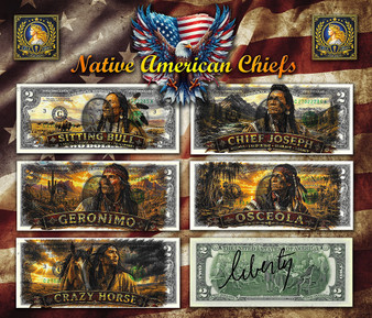 Native American Chiefs - Colorized Liberty Signed Set of 5 $2 Bills