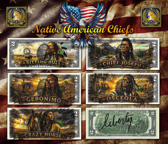 Native American Chiefs - Colorized Liberty Signed Set of 5 $2 Bills