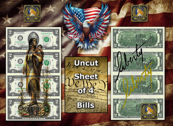 Uncut Sheet of 4 $2 Bills Liberty Colorized USA 250 - Sacagawea