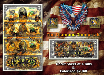 The Diamond Immortals Colorized $2 Bill Set – Uncut Sheet of 4 & Single Note by Liberty