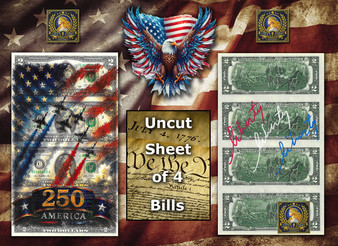 Uncut Sheet of 4 $2 Bills Liberty Colorized America 250 - Blue Angels