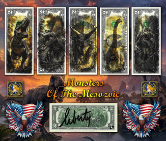 Monsters of the Mesozoic - Colorized Liberty Signed Set of 5 $2 Bills
