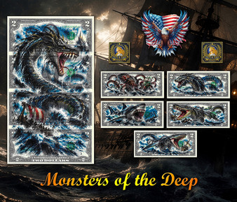 Monsters of the Deep Ultimate Collector Set – Colorized 5-Note $2 Bill Collection & 4-Note Uncut Sheet