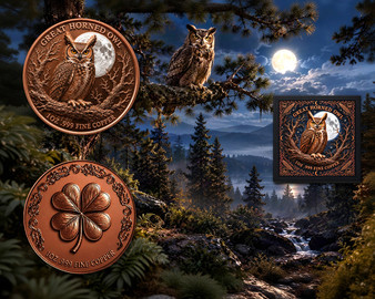 Lucky 4 Leaf Clover "Great Horned Owl" 1 Oz. Pure Copper Coin with Case