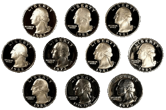 10 Different Proof Washington Quarters