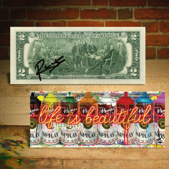 Life Is Beautiful -  Graffiti Spray Cans Limited Edition of 200 Signed Rency Colorized $2 Bill - MIND
