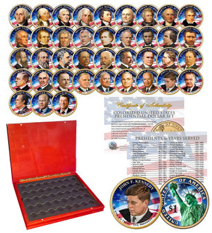 Complete Colorized 2-Sided Presidential Dollar Set (2007-2016) in Heirloom Wood Case