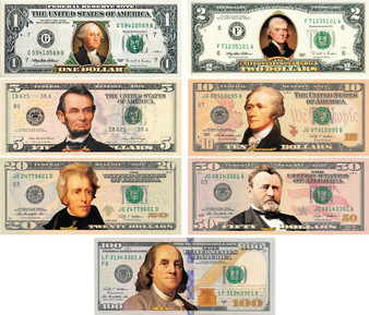 Set of All 7 Colorized U.S. Bills Obverse