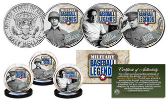 Military Baseball Legends Colorized JFK Half Dollar 3 Coin Set Babe Ruth, Joe DiMaggio & Yogi Berra