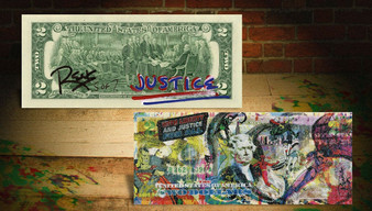 Justice League 2017 With Liberty and Justice for All Made with Diamond Dust Crystal Paint Colorized $2 Bill Hand Signed Limited Edition of only 7 World Wide