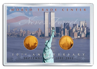 World Trade Center 10th Anniversary Freedom Tower Set of 2 24K Gold Plated Medallions