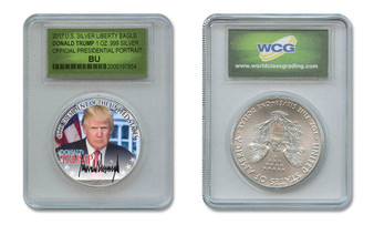 Donald Trump 2017 Presidential Portrait Silver Eagle in Limited Holder Slab.  Year of Silver Eagle and Mint Mark is Random.