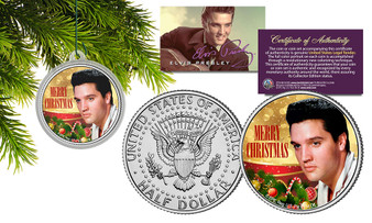 Young Elvis Colorized JFK Half Dollar with Christmas Tree Ornament Capsule