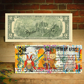 Rency Art 2nd Amendment Right To Bear Arms Elmer Fudd & Yosemite Sam Colorized $2 Bill Hand-Signed by Rency