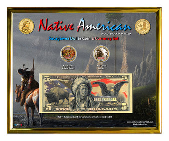 Native American Symbols Set 3B Colorized Sacagawea Dollar Coin & $5 Bill Currency Set in 8" x 10" Frame