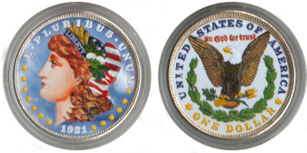1921 Colorized Silver Morgan Dollar in Protective Coin Capsule