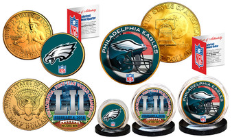 Philadelphia Eagles Super Bowl 52 Champions Colorized & 24K Gold Plated 3 Coin Set with Coin Stands