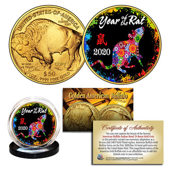 2020 Lunar YEAR OF THE RAT 24K Gold Clad PolyChrome American Buffalo Tribute Coin