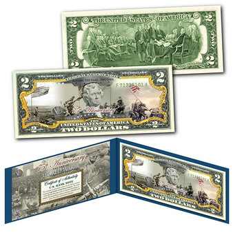 75th Anniversary End of World War II Colorized $2 Bill Raising the Flag in Iwo Jima