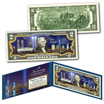 World Trade Center Freedom Tower Night 9/11 17th Anniversary Colorized $2 Bill