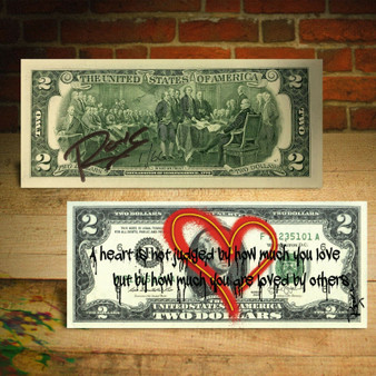 Open Heart Red Graffiti "You Are Loved" Signed by Rency $2 Bill Art LTD #66