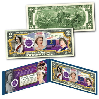 Queen Elizabeth II 2022 Platinum Jubilee 70th Anniversary Colorized $2 Bill
