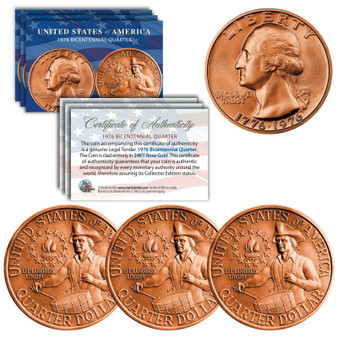 1976 Bicentennial Quarters Rose Gold Plated with Capsules QTY 3