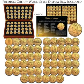 24K Gold Plated America The Beautiful Quarter Series Complete 56 Coin Set 2010-2021 in Cherry Wood Style Case