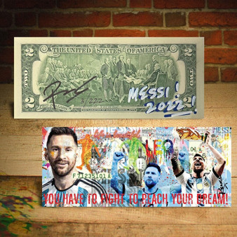 LIONEL MESSI Colorized $2 Bill Signed by Rency - Messi Limited Edition S/N of 222