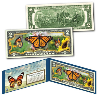 Monarch Butterfly Colorized Genuine U.S. $2 Bill
