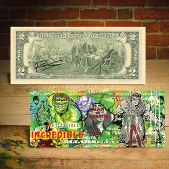 INCREDIBLE HULK Man or Monster $2 US Bill Pop Art HAND-SIGNED by Artist Rency