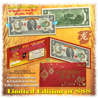 24K GOLD 2024 Chinese Lunar New Year YEAR OF THE DRAGON Colorized $2 Bill LTD of 888