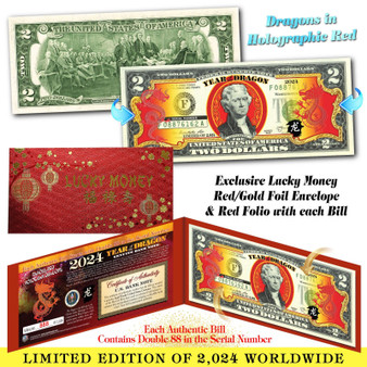 2024 Chinese New Year Colorized $2 Bill YEAR OF THE DRAGON Red Hologram LTD 2,024