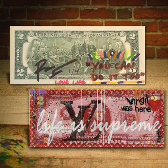 LIFE IS SUPREME Red LOUIS VUITTON Virgil LOVE LIFE by RENCY DIAMOND DUST $2 Bill SN #1 of 4