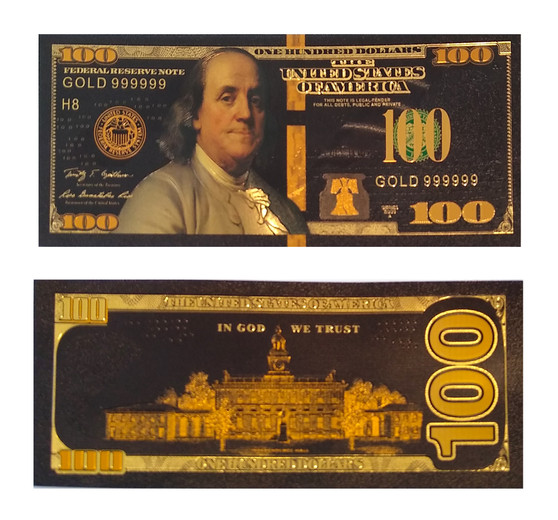 Set of 2 Metallic Black Gold Colorized Franklin $100 Bills