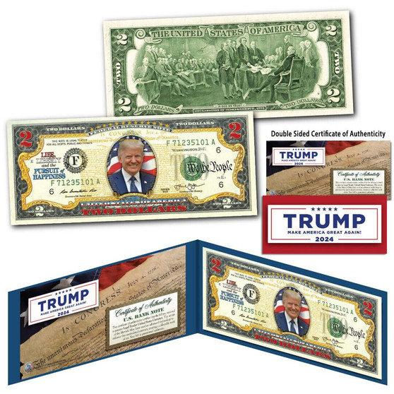 Donald Trump President Declaration of Independence Colorized $2 Bill