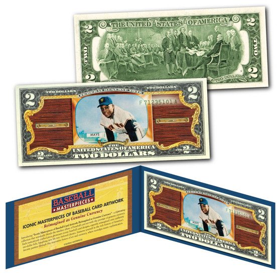 WILLIE MAYS 1955 Bowman TV Series Giants iconic Card Art on Genuine $2 U.S. Bill