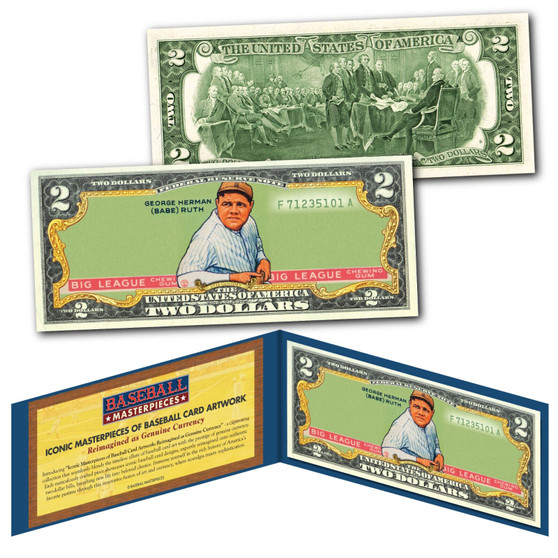 BABE RUTH 1933 Goudey #181 (Green) Yankees iconic Card Art on Genuine $2 US Bill