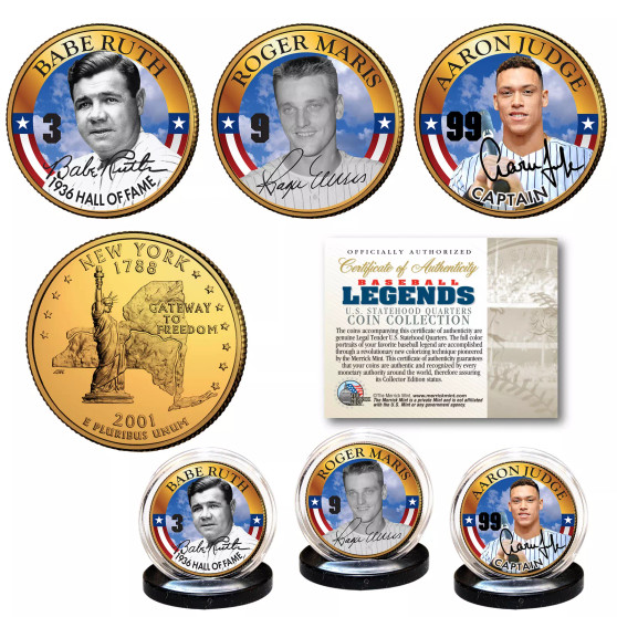 RUTH, MARIS, JUDGE Yankee Greats NY State Quarters 24K Gold Clad 3 Coin Set