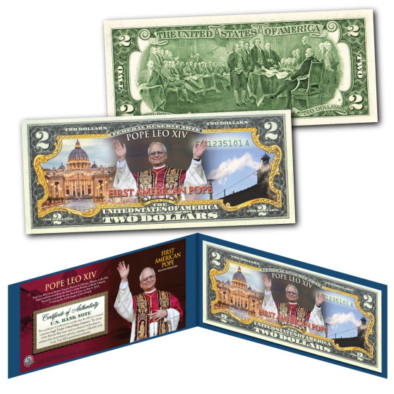 POPE LEO XIV 1st American Born Pope Official Colorized U.S. $2 Bill