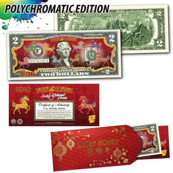 2026 Lunar Chinese New YEAR OF THE HORSE Polychrome 8 COLOR HORSES $2 Bill - RED