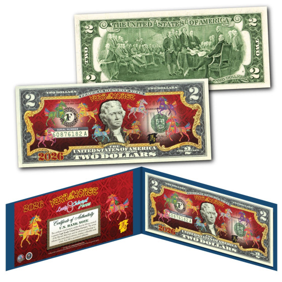 2026 Lunar Chinese New YEAR OF THE HORSE Polychrome 8 COLOR HORSES $2 Bill - BLUE