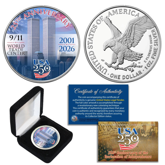 25th Anniversary WTC 9/1l Genuine American Silver Eagle Coin 1 OZ. AMERICA 250