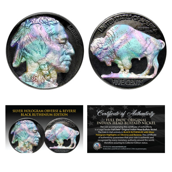 1930's Original Indian Head Buffalo Nickel - BLACK RUTHENIUM & SILVER HOLOGRAM - HoloNight Edition