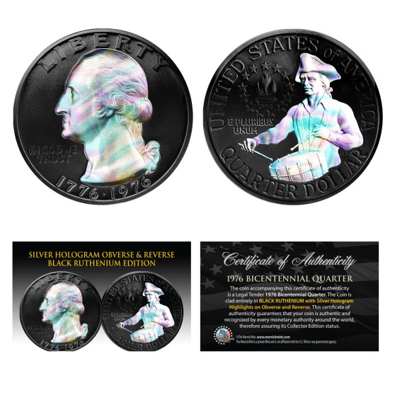 1976 Bicentennial U.S. Quarter - BLACK RUTHENIUM & SILVER HOLOGRAM - HoloNight Edition
