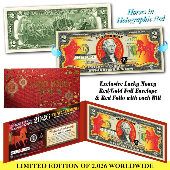 2026 Chinese New Year Genuine $2 Bill YEAR OF THE HORSE Red Hologram LTD 2,026