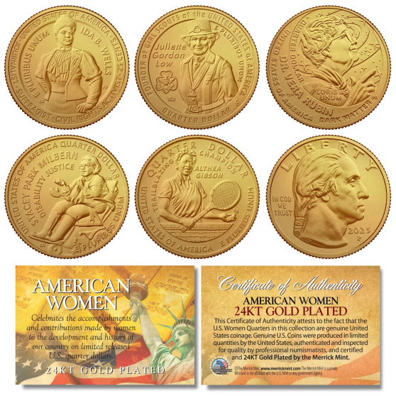 2025 24K GOLD Plated AMERICAN WOMEN Quarters U.S. Mint 5 Coin Full Set in Capsules