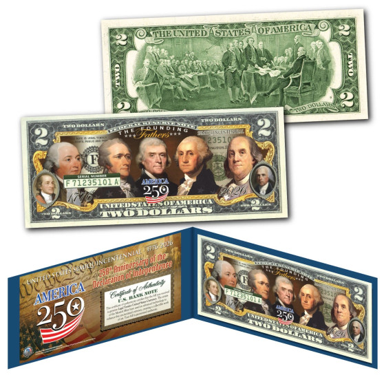 FOUNDING FATHERS of the USA AMERICA 250 Anniversary 1776-2026 Colorized U.S. $2 Bill