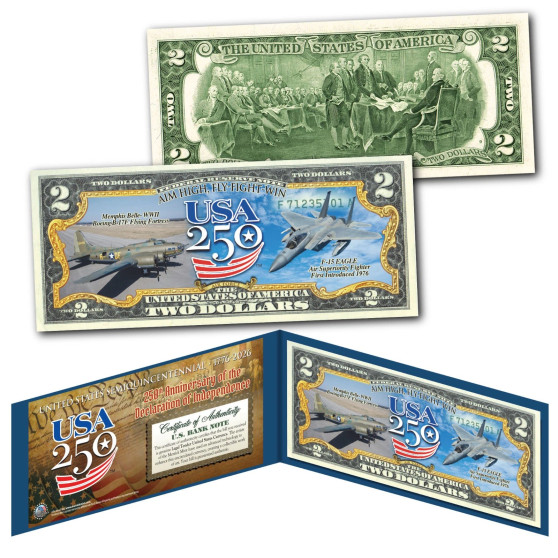 AIR FORCE - USA America 250 Anniversary WWII Memphis Belle F15 Fighter Colorized U.S. $2 Bill