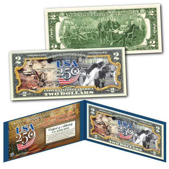 NAVY - USA America 250 Anniversary WWII Pearl Harbor V-J Day Colorized U.S. $2 Bill